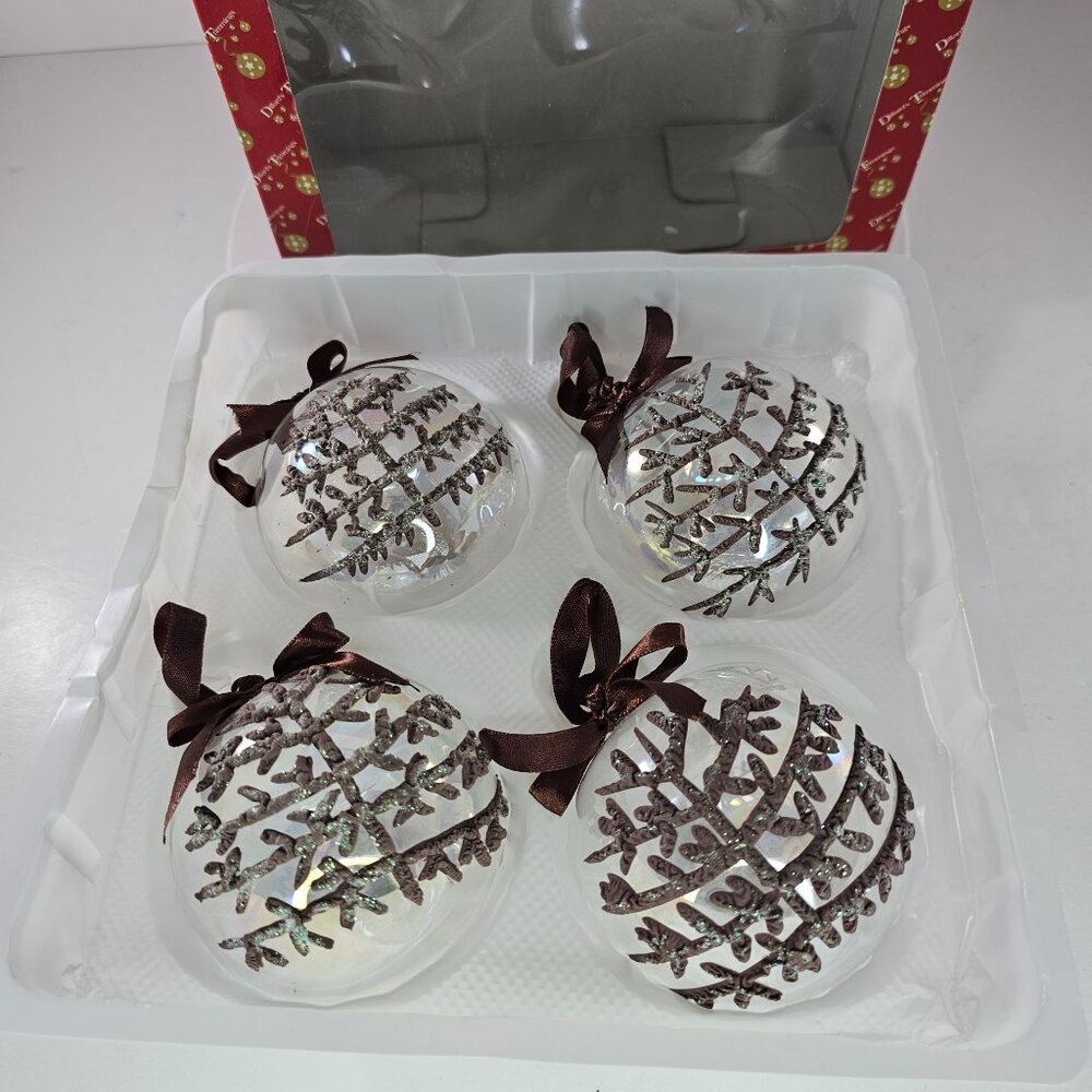 Set Of 4 Dillards Trimmings Glass Christmas Ornaments Glitter Tree Brown Ribbon